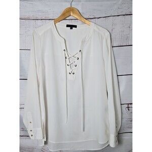 Sanctuary Womens Top Size Large White Lace Up V-Neck Long Sleeve Casual Work
